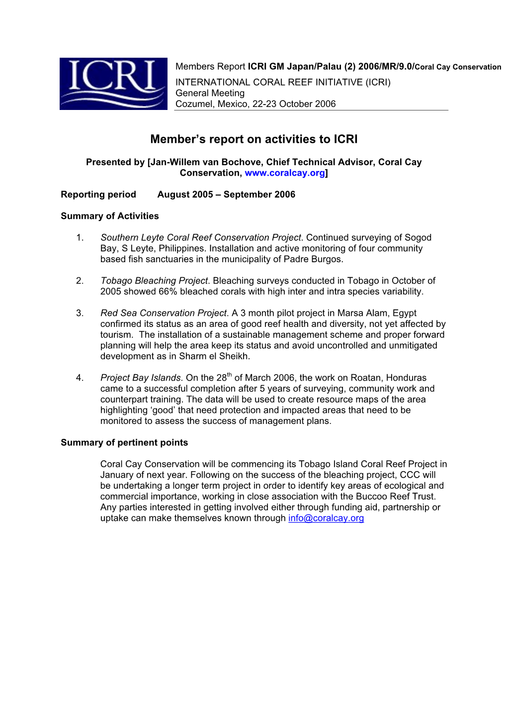 Member's Report on Activities to ICRI