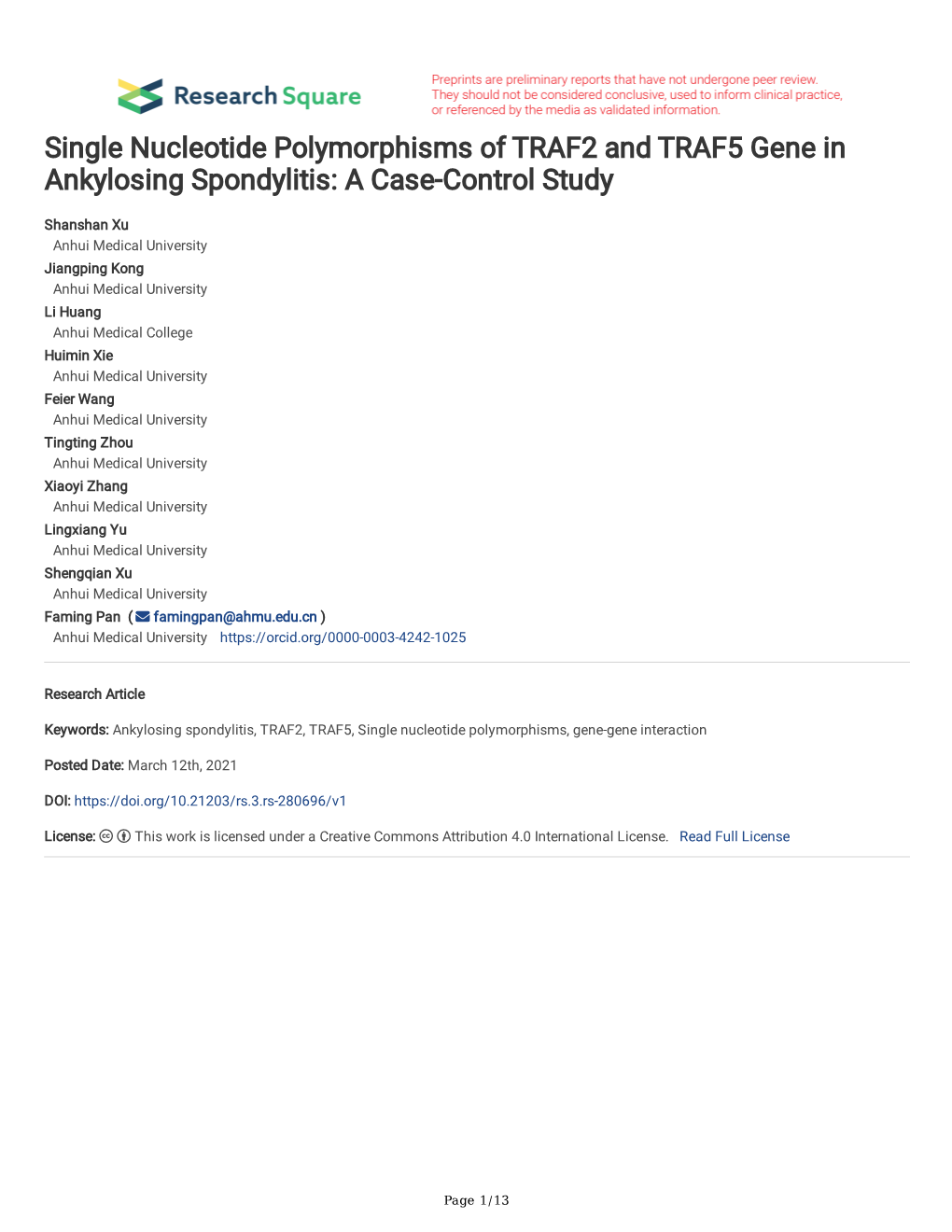 Single Nucleotide Polymorphisms of TRAF2 and TRAF5 Gene in Ankylosing Spondylitis: a Case-Control Study