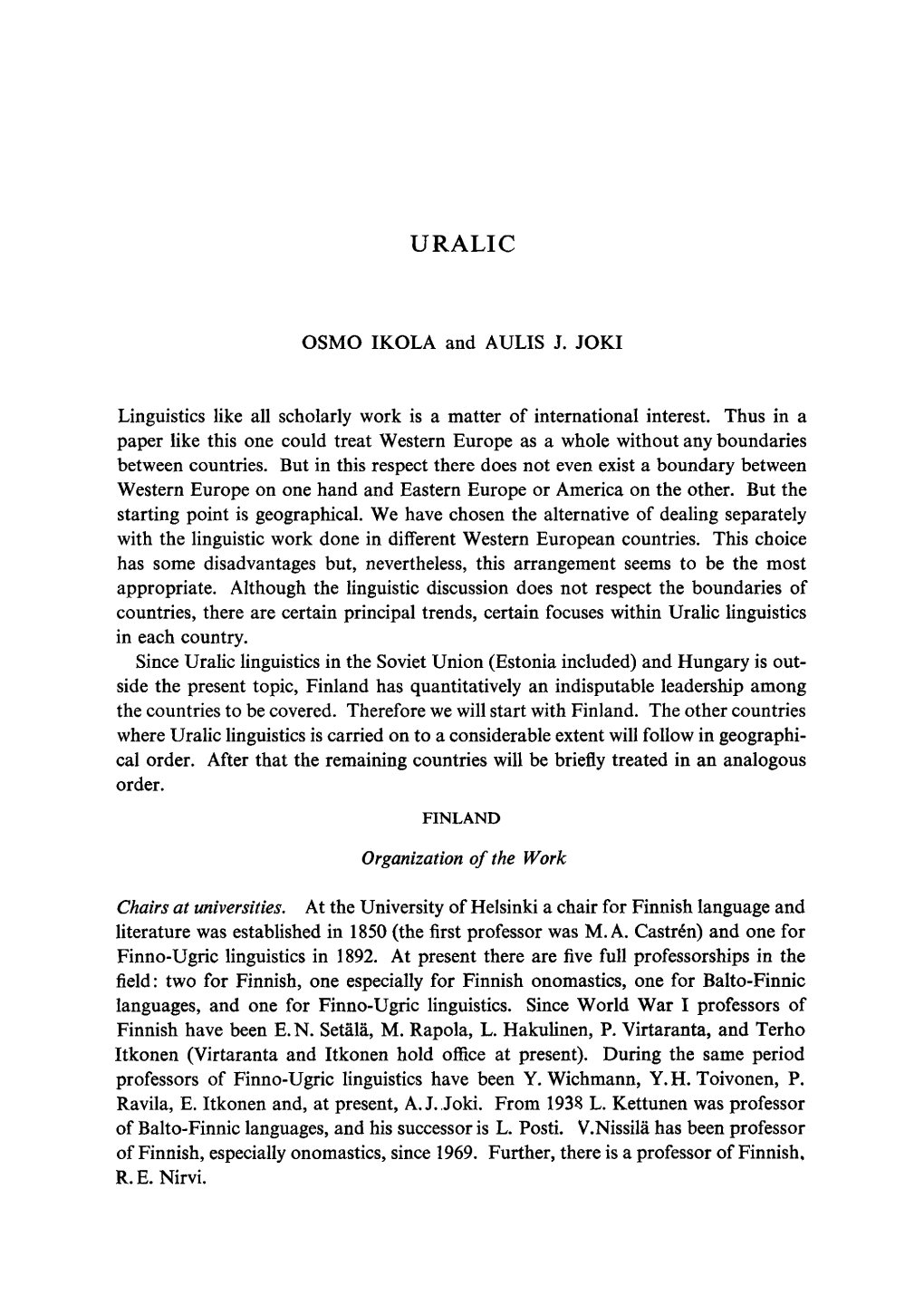 URALIC OSMO IKOLA and AULIS J. JOKI Linguistics Like All Scholarly