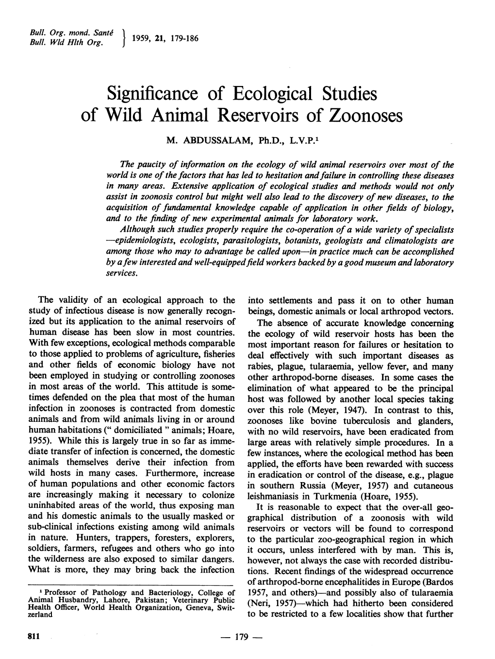 Significance of Ecological Studies of Wild Animal Reservoirs of Zoonoses M