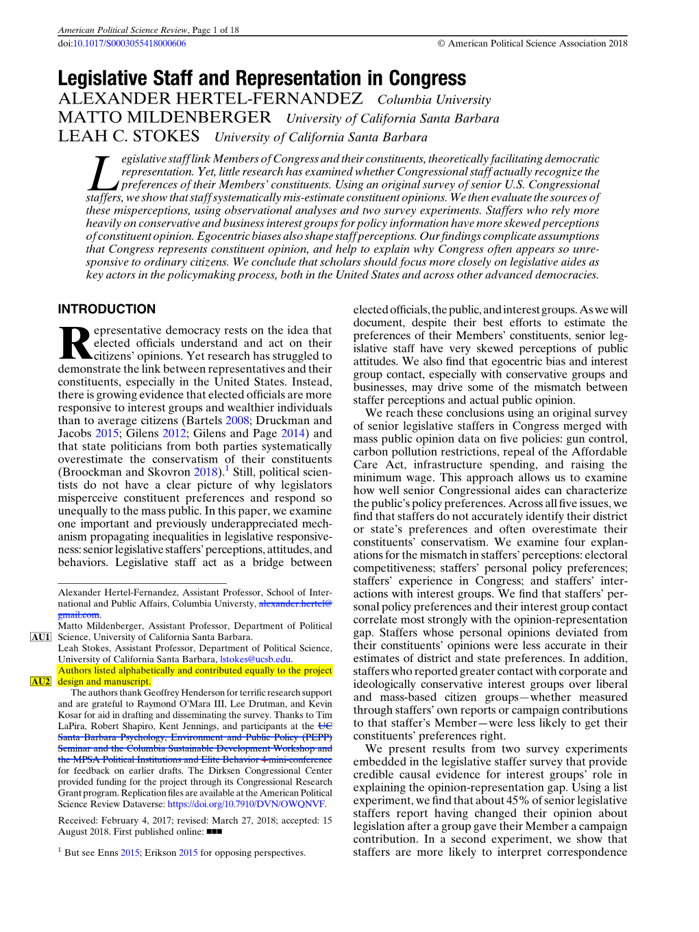 Legislative Staff and Representation in Congress ALEXANDER HERTEL-FERNANDEZ Columbia University MATTO MILDENBERGER University of California Santa Barbara LEAH C