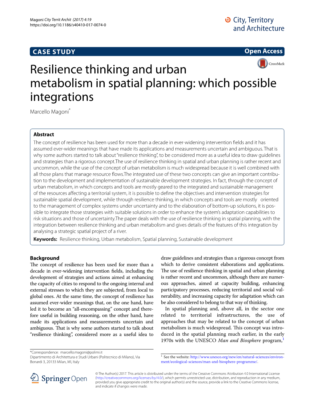 Resilience Thinking and Urban Metabolism in Spatial Planning: Which Possible Integrations Marcello Magoni*