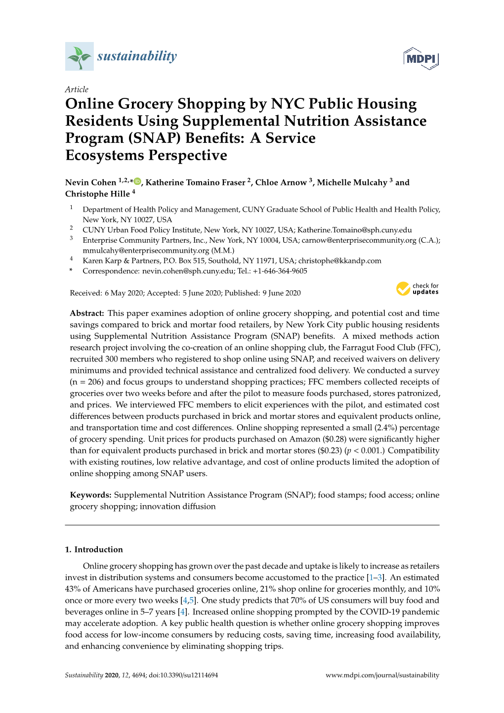 Online Grocery Shopping by NYC Public Housing Residents Using Supplemental Nutrition Assistance Program (SNAP) Beneﬁts: a Service Ecosystems Perspective