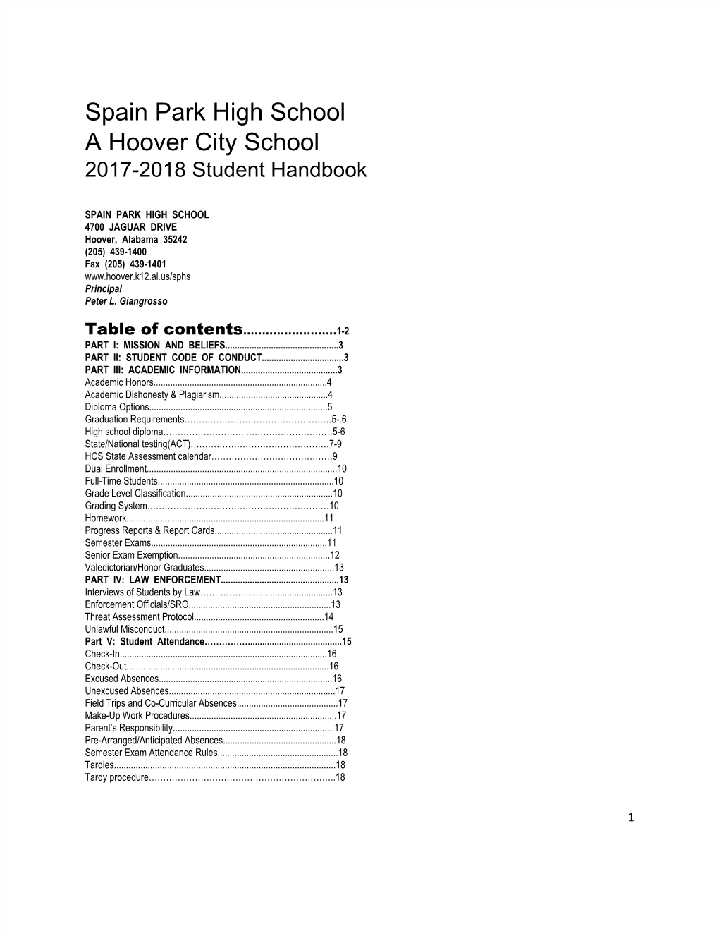 Spain Park High School a Hoover City School 2017-2018 Student Handbook