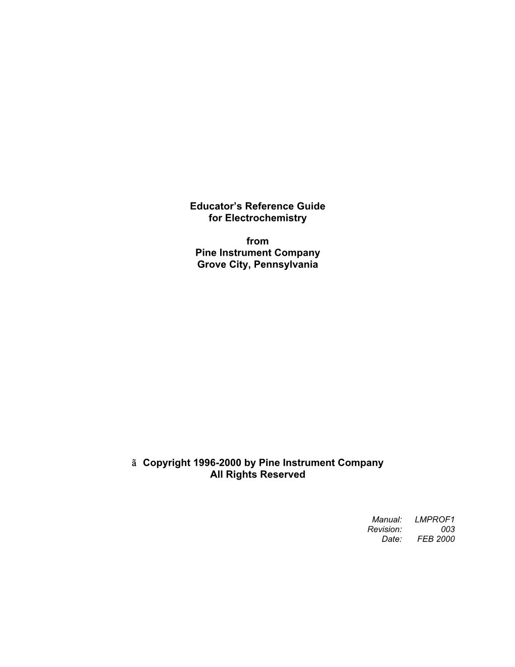 Educator's Reference Guide for Electrochemistry