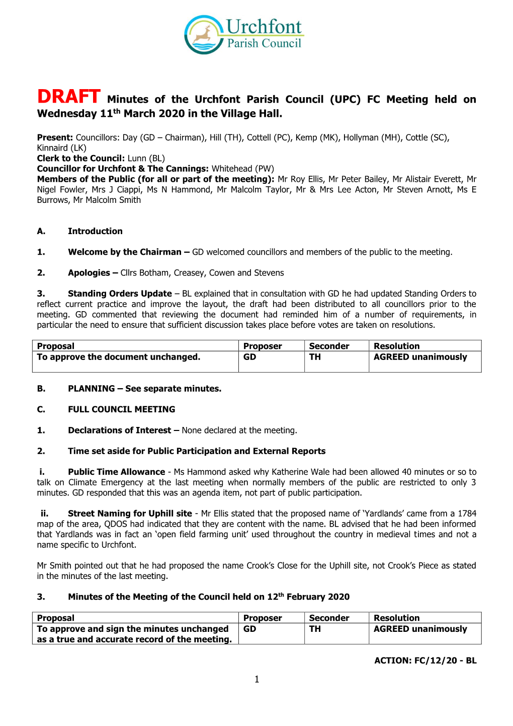 DRAFT Minutes of the Urchfont Parish Council (UPC) FC Meeting Held on Wednesday 11Th March 2020 in the Village Hall