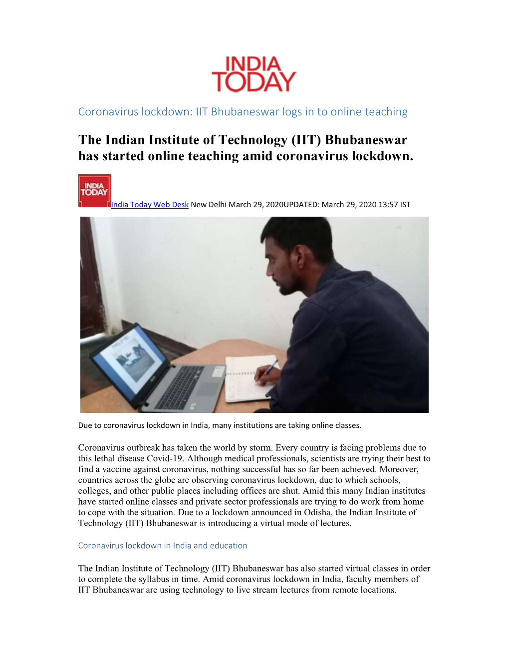 The Indian Institute of Technology (IIT) Bhubaneswar Has Started Online Teaching Amid Coronavirus Lockdown