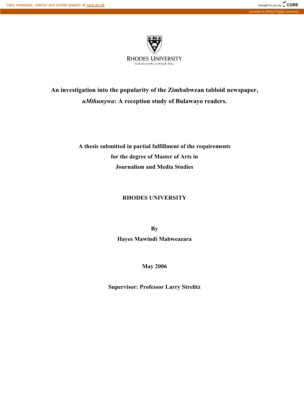 An Investigation Into the Popularity of the Zimbabwean Tabloid Newspaper, Umthunywa: a Reception Study of Bulawayo Readers