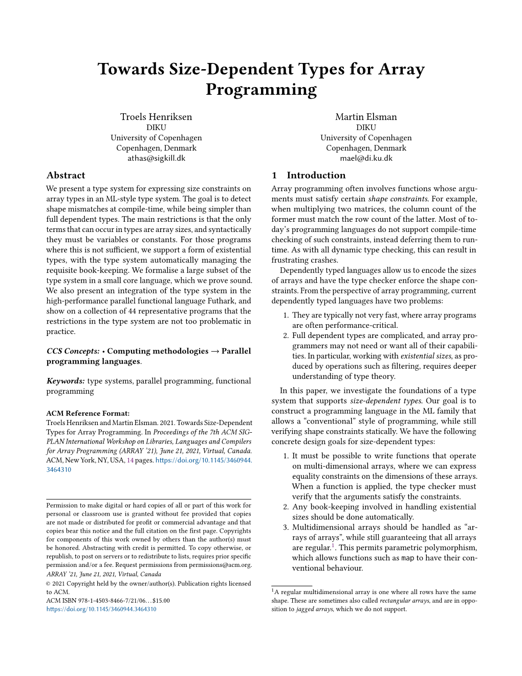 Towards Size-Dependent Types for Array Programming