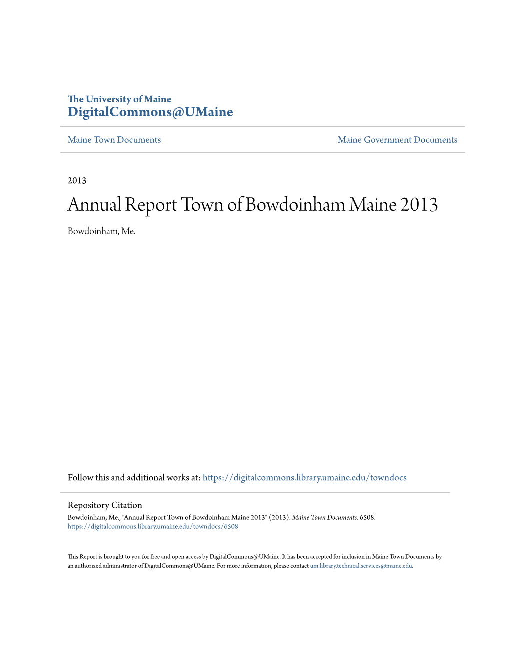 Annual Report Town of Bowdoinham Maine 2013 Bowdoinham, Me
