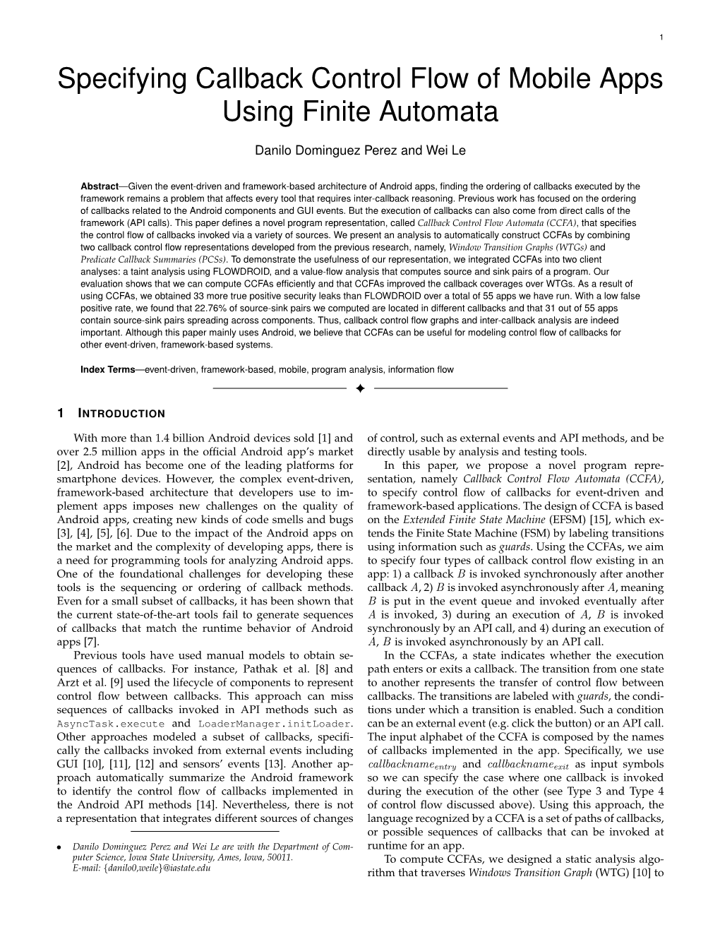 Specifying Callback Control Flow of Mobile Apps Using Finite Automata