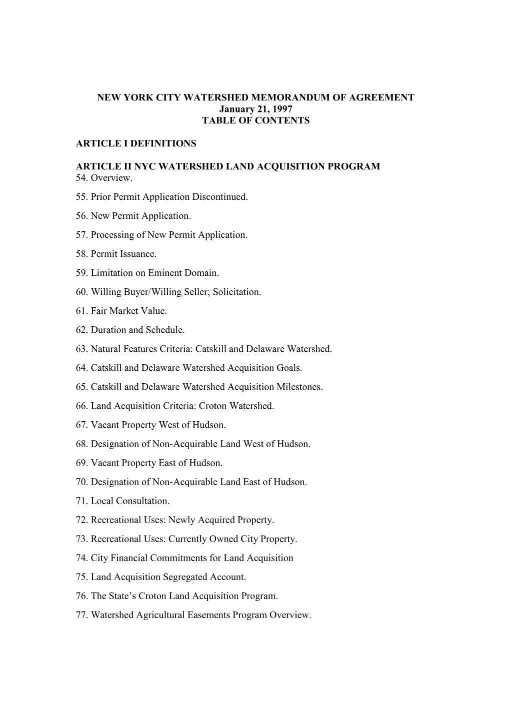 NEW YORK CITY WATERSHED MEMORANDUM of AGREEMENT January 21, 1997 TABLE of CONTENTS