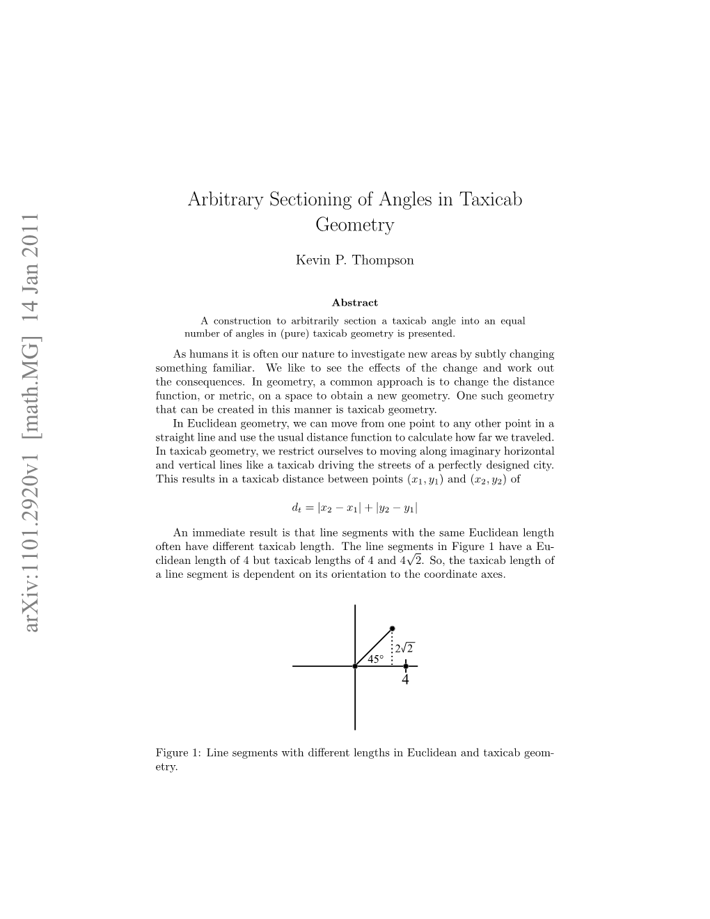 Arbitrary Sectioning of Angles in Taxicab Geometry
