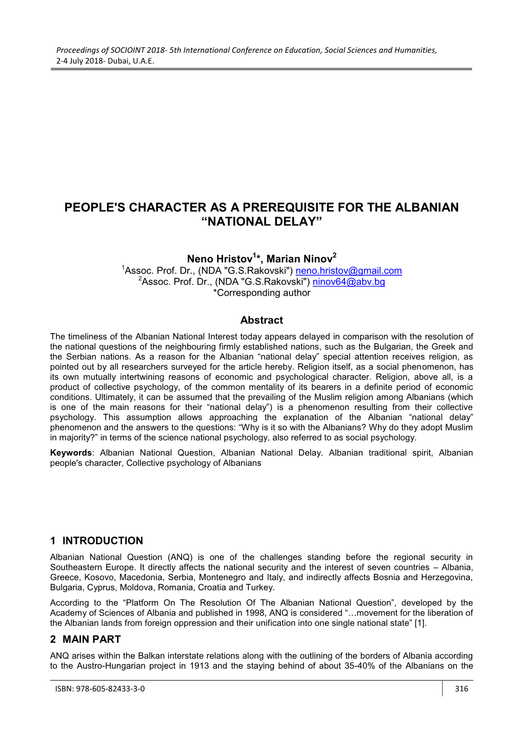 People's Character As a Prerequisite for the Albanian “National Delay”
