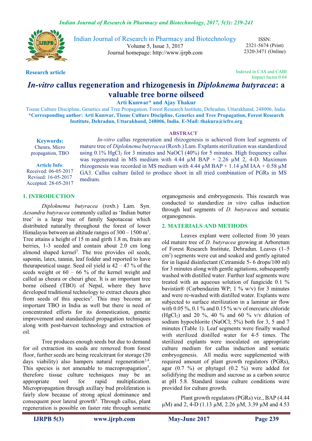 In-Vitro Callus Regeneration and Rhizogenesis in Diploknema