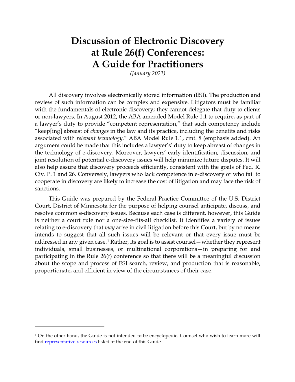 Discussion of Electronic Discovery at Rule 26(F) Conferences: a Guide for Practitioners (January 2021)