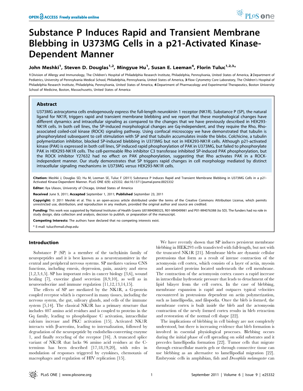 Substance P Induces Rapid and Transient Membrane Blebbing in U373MG Cells in a P21-Activated Kinase- Dependent Manner