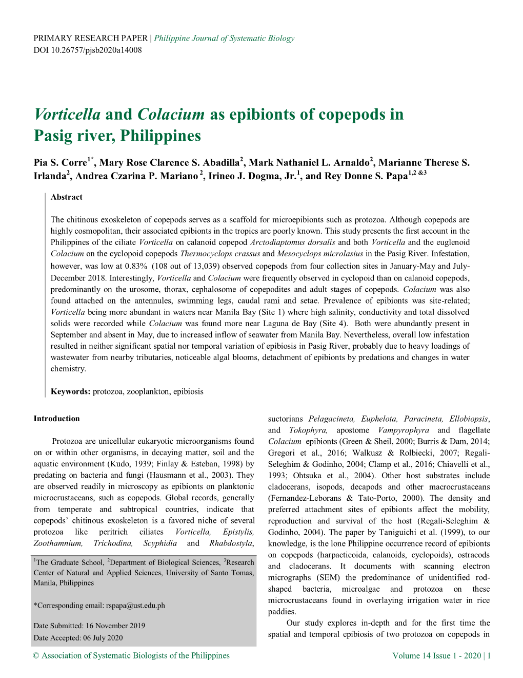 Vorticella and Colacium As Epibionts of Copepods in Pasig River, Philippines