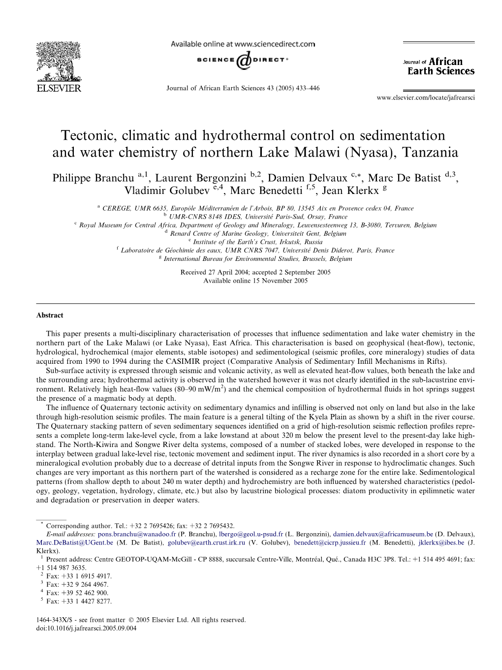 Tectonic, Climatic and Hydrothermal Control on Sedimentation and Water Chemistry of Northern Lake Malawi (Nyasa), Tanzania