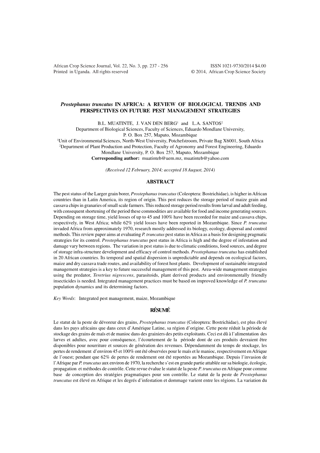 Prostephanus Truncatus in AFRICA: a REVIEW of BIOLOGICAL TRENDS and PERSPECTIVES on FUTURE PEST MANAGEMENT STRATEGIES