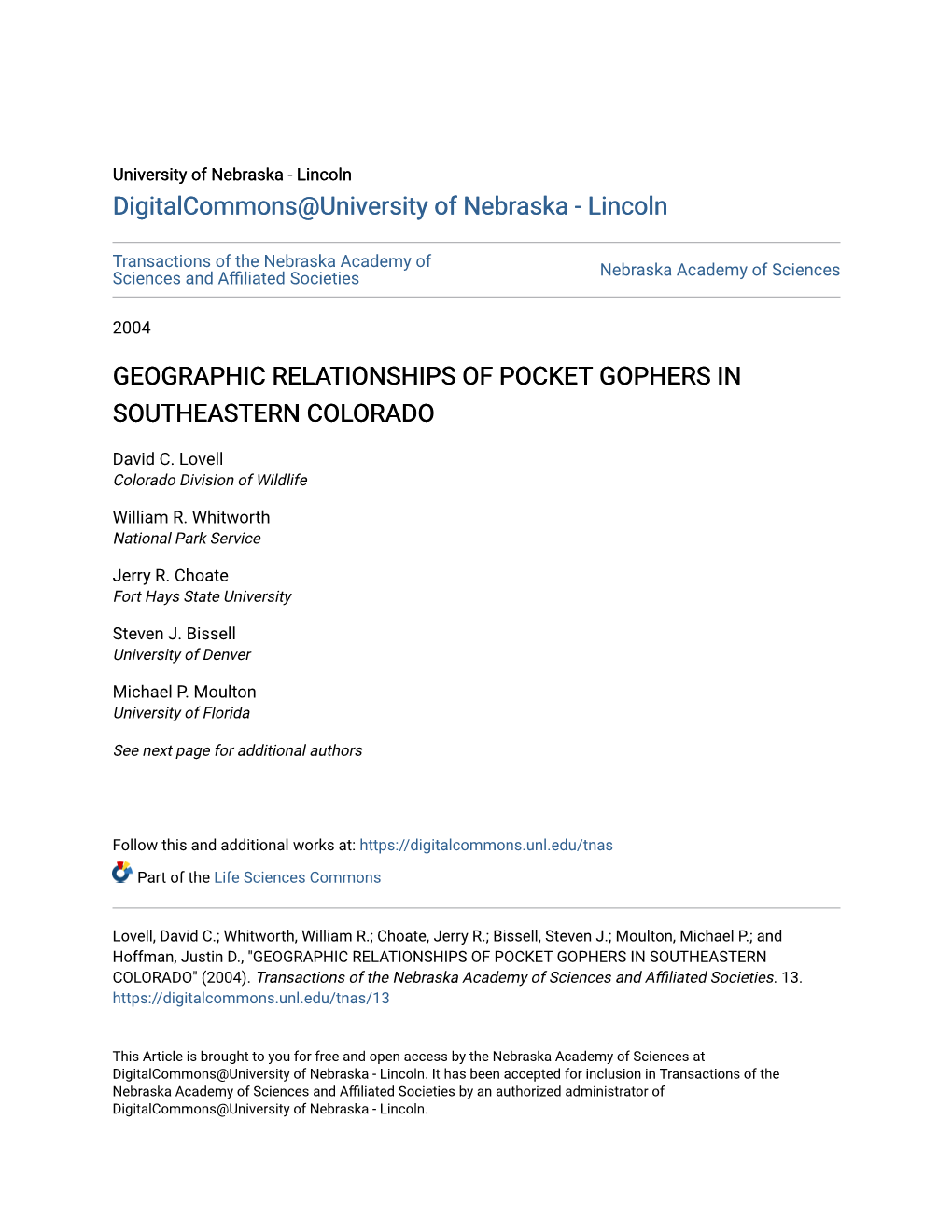 Geographic Relationships of Pocket Gophers in Southeastern Colorado