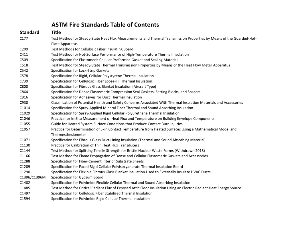 ASTM Fire Standards Table of Contents