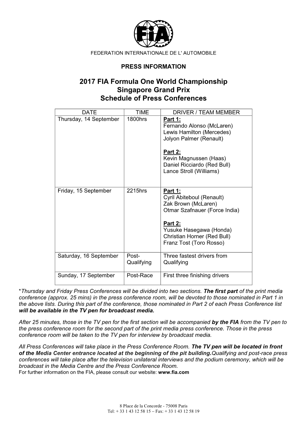 2017 FIA Formula One World Championship Singapore Grand Prix Schedule of Press Conferences