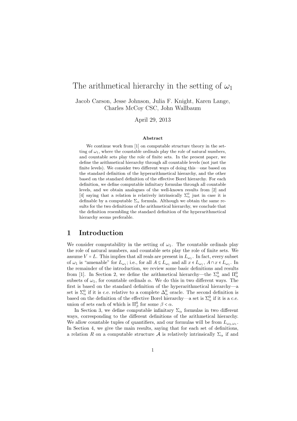 The Arithmetical Hierarchy in the Setting of Ω1