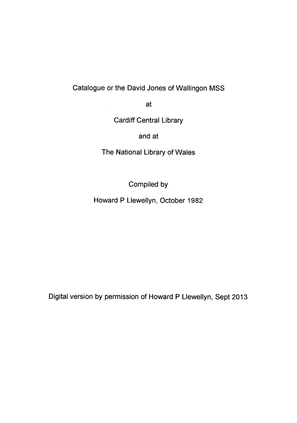 Catalogue Or the David Jones of Wallingon MSS at Cardiff Central