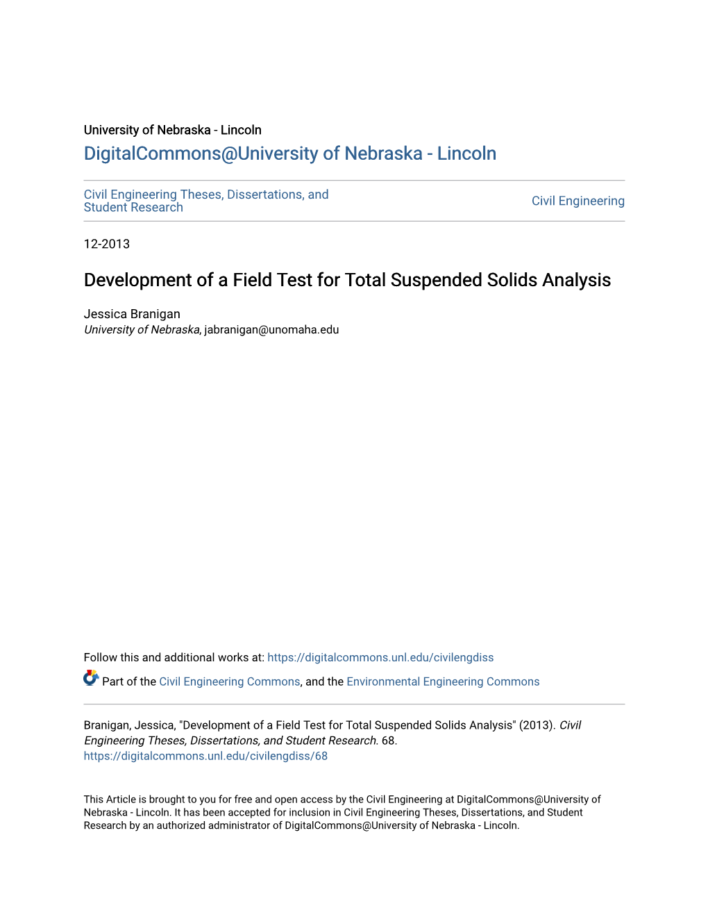 Development of a Field Test for Total Suspended Solids Analysis