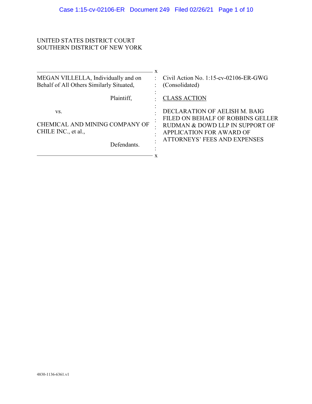 Declaration of Aelish M. Baig Filed on Behalf of Robbins Geller Rudman & Dowd Llp in Support of Application for Award of Attorneys’ Fees and Expenses