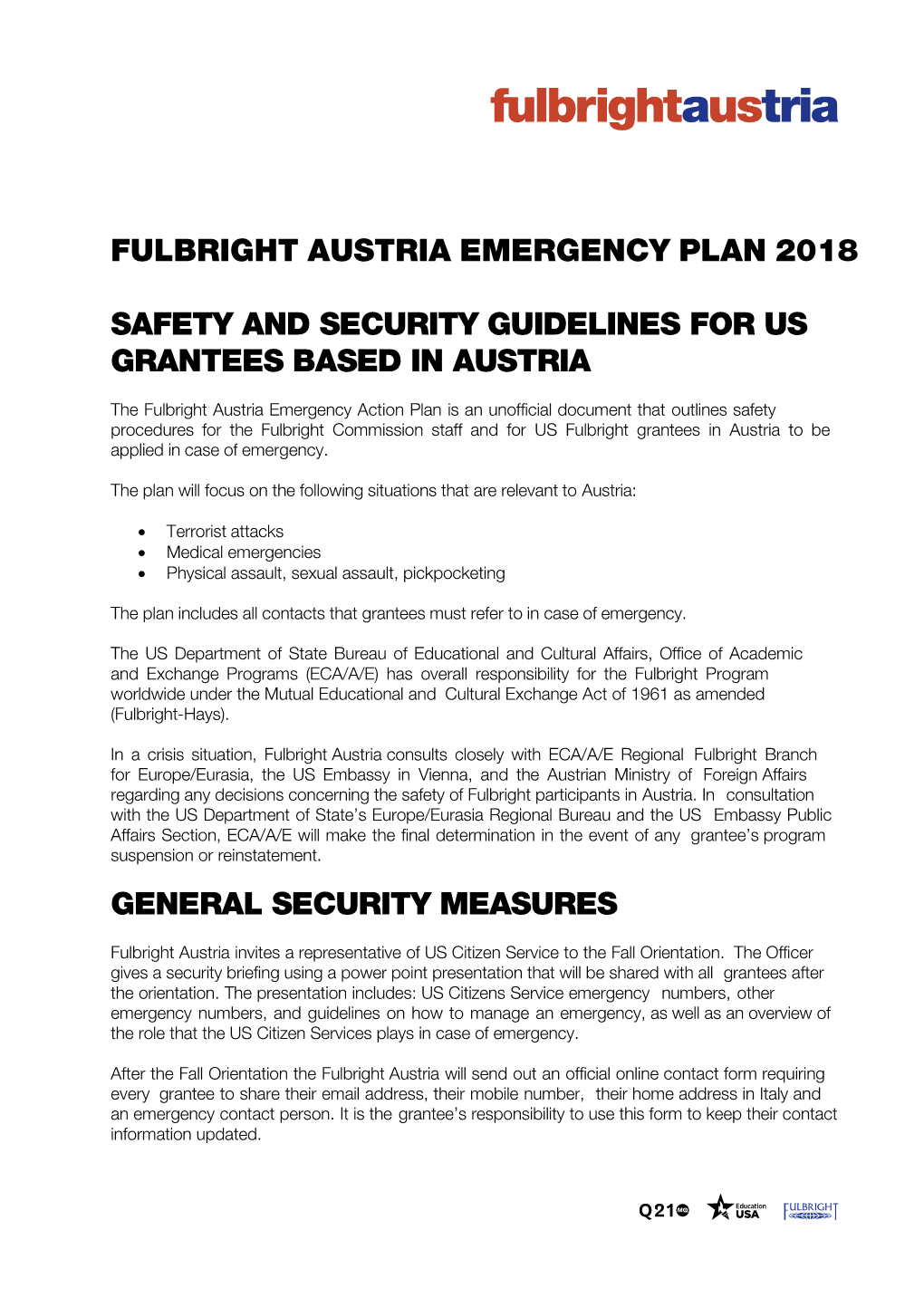 Fulbright Austria Emergency Plan 2018 Safety And