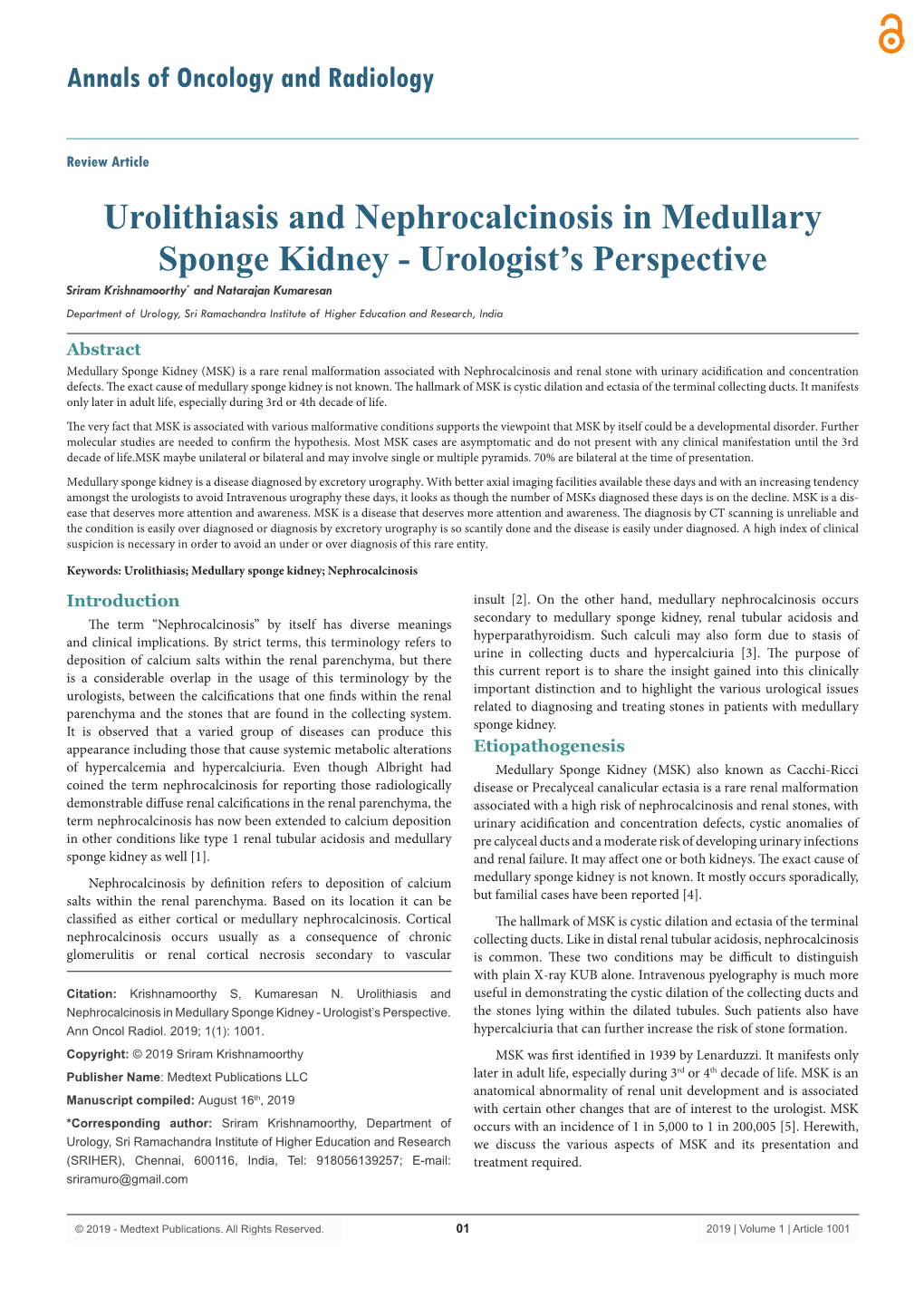 Urolithiasis and Nephrocalcinosis in Medullary