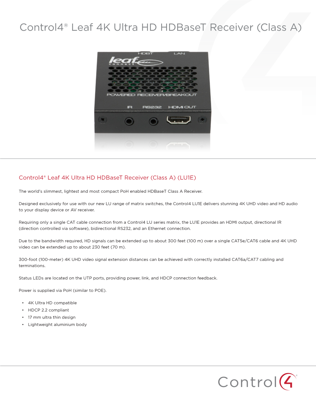 Control4® Leaf 4K Ultra HD Hdbaset Receiver (Class A)