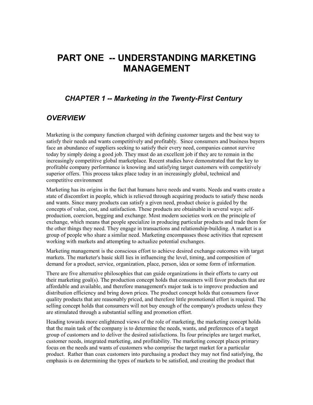 Part One -- Understanding Marketing Management