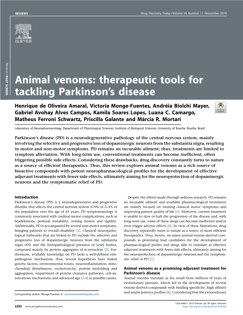 Animal Venoms: Therapeutic Tools for Tackling Parkinson's Disease