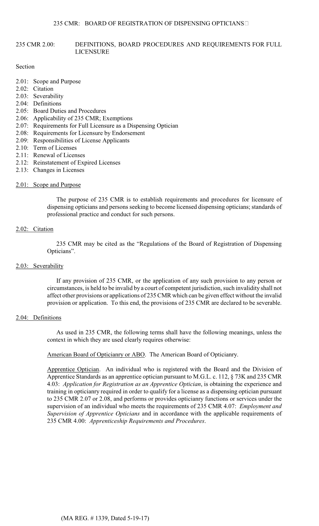 235 Cmr: Board of Registration of Dispensing Opticians