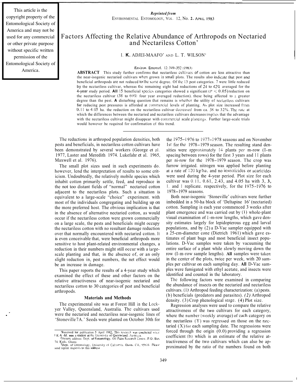 Factors Affecting the Relative Abundance of Arthropods on Nectaried and Nectariless Cotton'