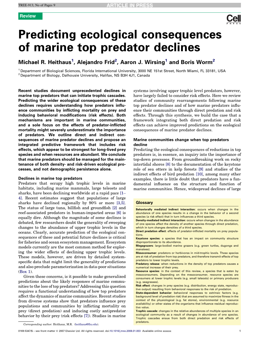 Predicting Ecological Consequences of Marine Top Predator Declines