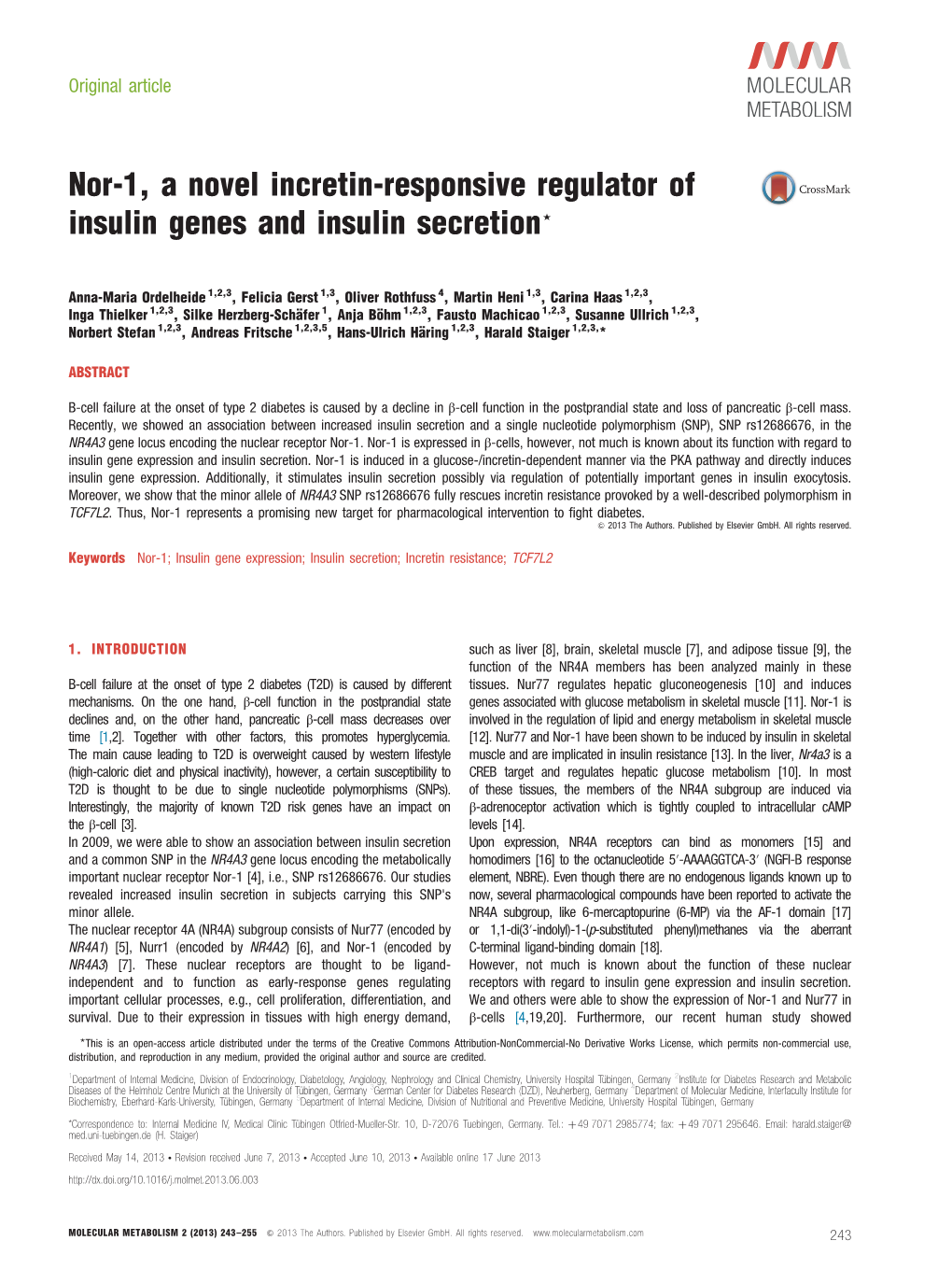 Nor-1, a Novel Incretin-Responsive Regulator of Insulin Genes and Insulin Secretion%