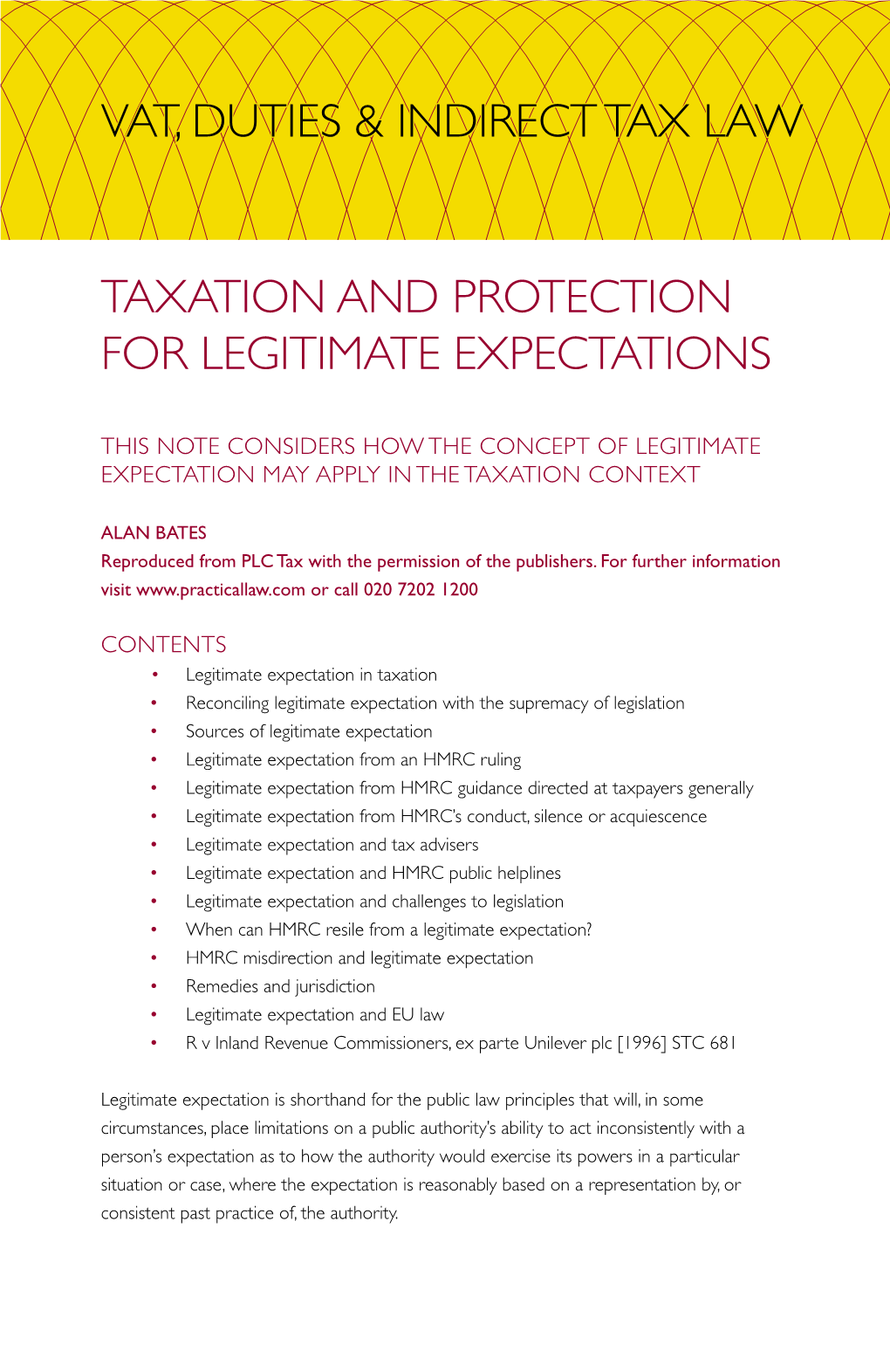 Taxation and Protection for Legitimate Expectations Vat, Duties & Indirect