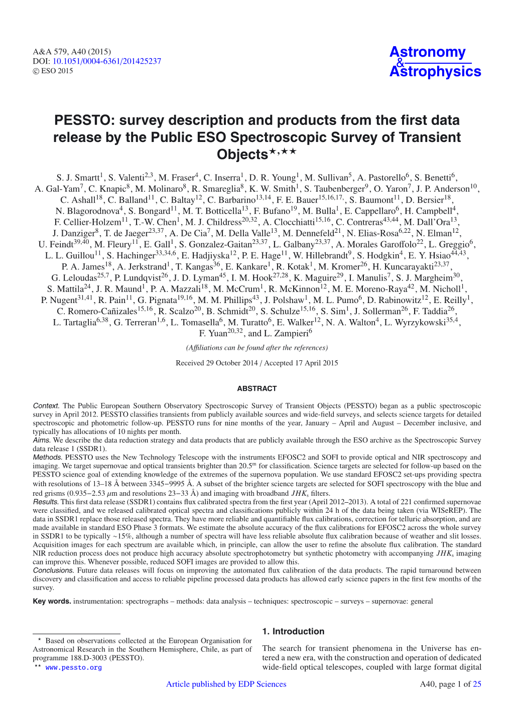 PESSTO: Survey Description and Products from the First Data Release by the Public ESO Spectroscopic Survey of Transient Objects