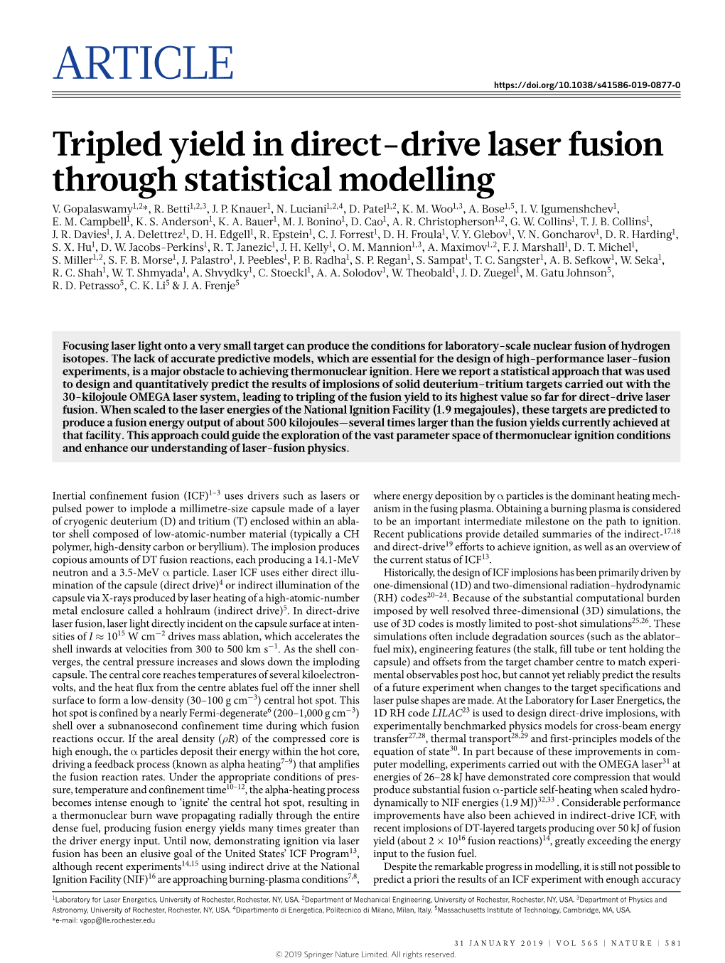 Tripled Yield in Direct-Drive Laser Fusion Through Statistical Modelling V