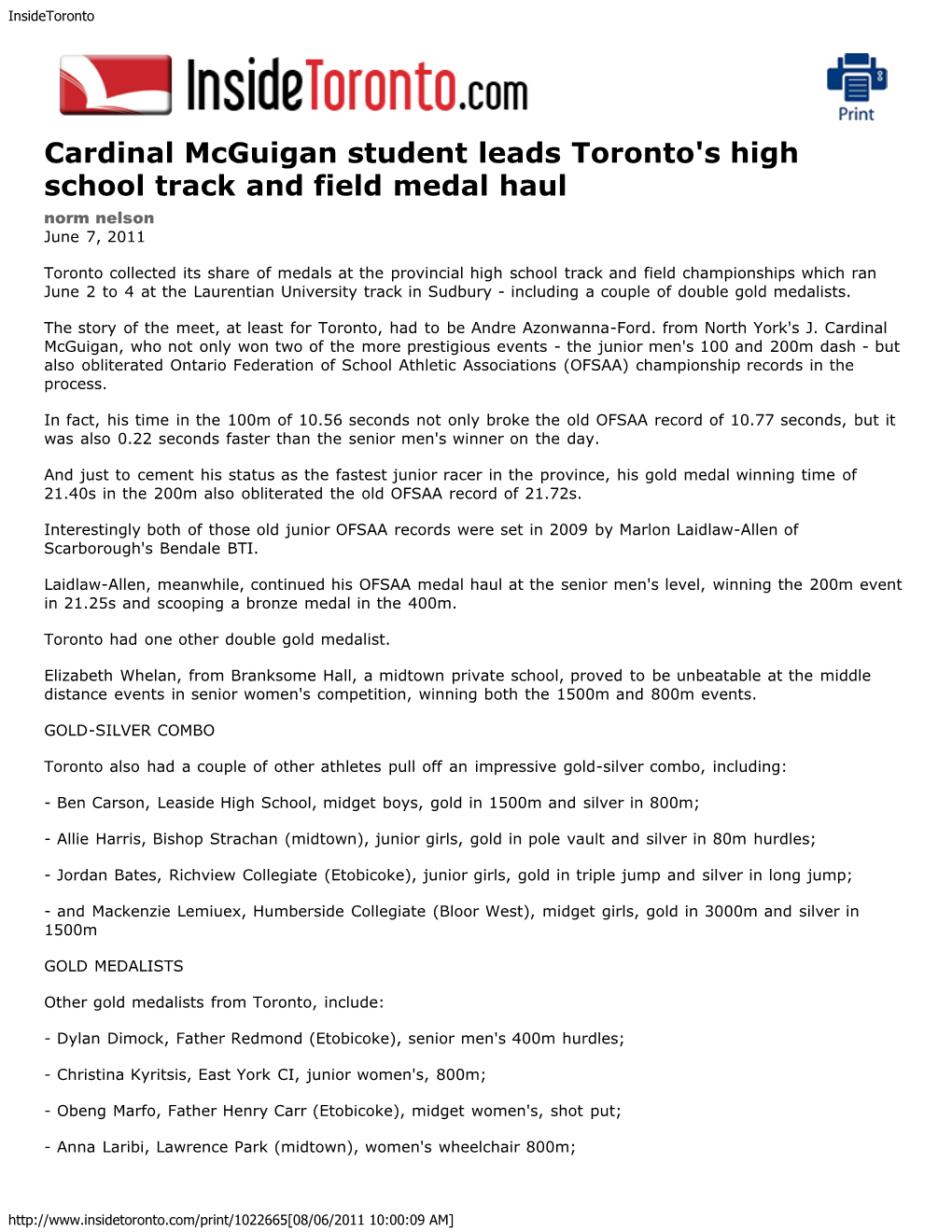 Cardinal Mcguigan Student Leads Toronto's High School Track and Field Medal Haul Norm Nelson June 7, 2011