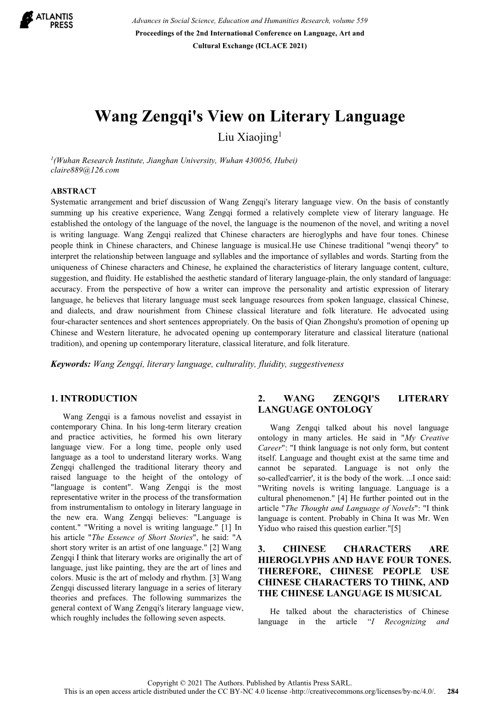 Wang Zengqi's View on Literary Language Liu Xiaojing1