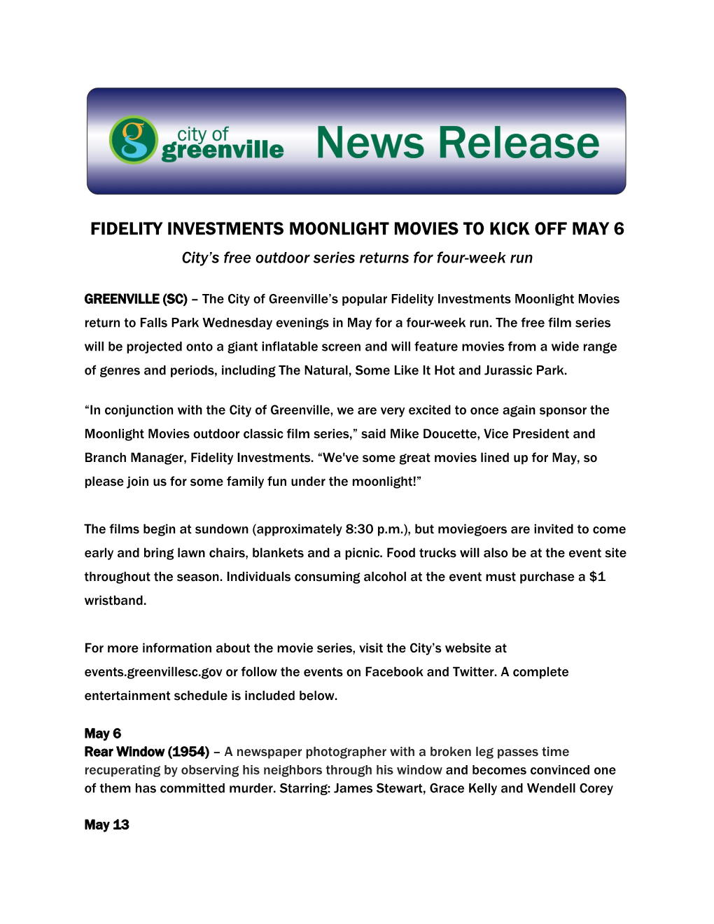 Fidelity Investments Moonlight Movies to Kick Off May 6