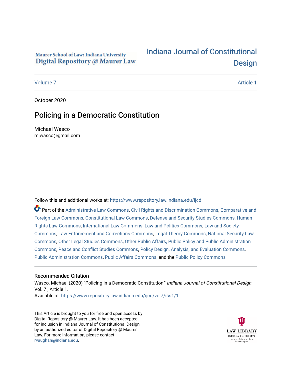 Policing in a Democratic Constitution