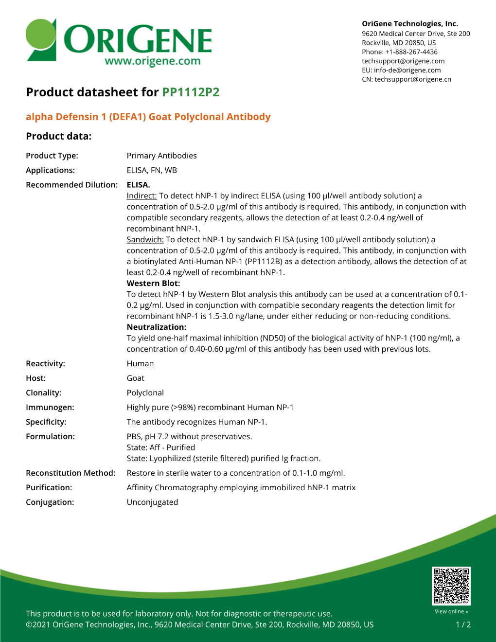 Alpha Defensin 1 (DEFA1) Goat Polyclonal Antibody Product Data