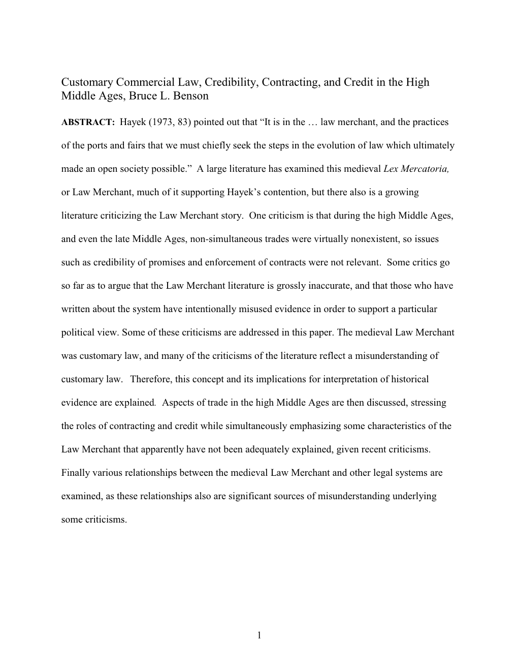 Customary Commercial Law, Credibility, Contracting, and Credit in the High Middle Ages, Bruce L