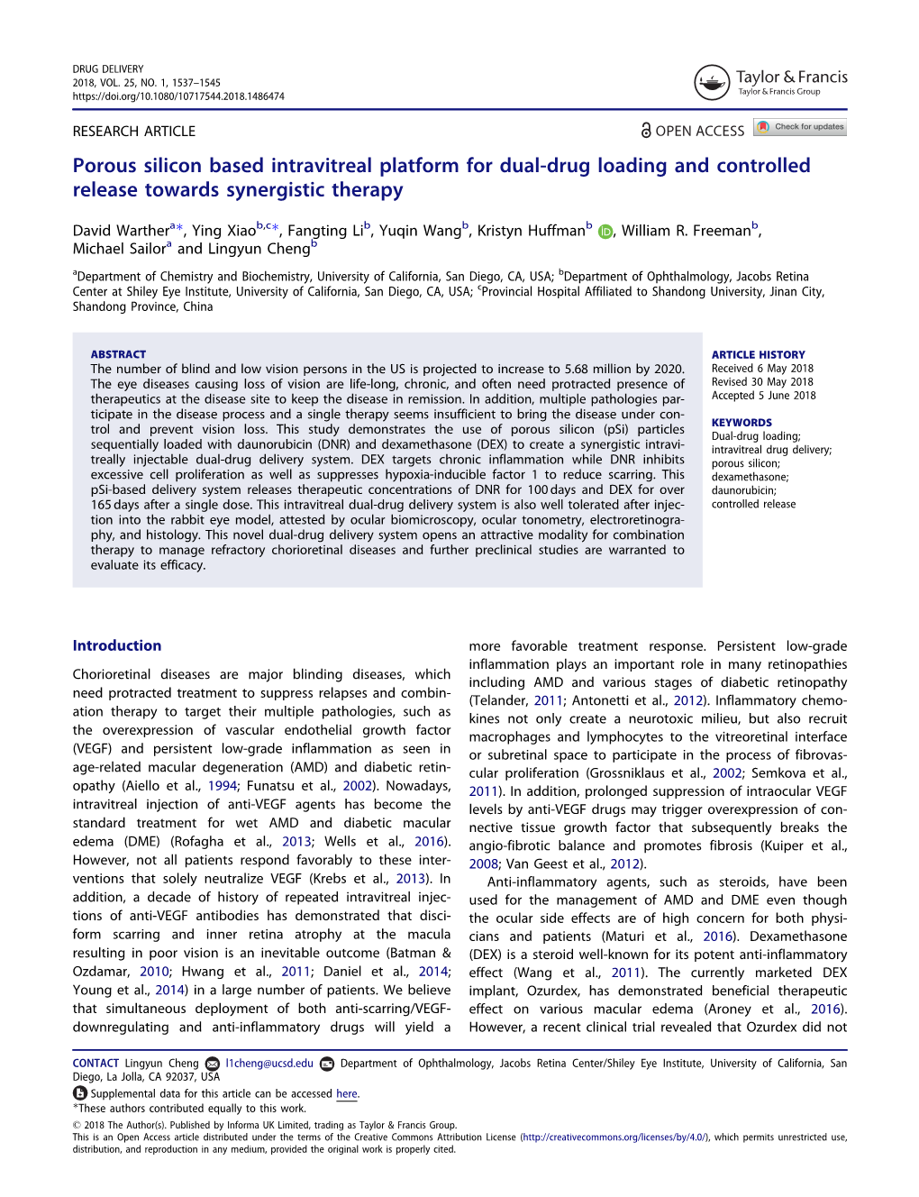 Porous Silicon Based Intravitreal Platform for Dual-Drug Loading and Controlled Release Towards Synergistic Therapy